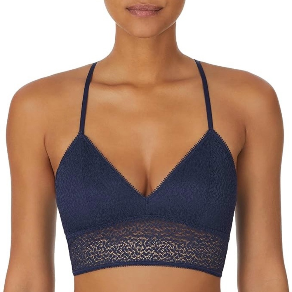 NWT DKNY Navy Lace Racerback Wireless Bralette Bra Removable Pads Women's Size L